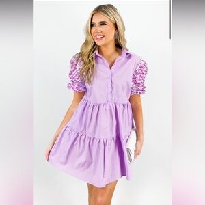 Peach Love California Purple Ruffled Puff Sleeve Sundress